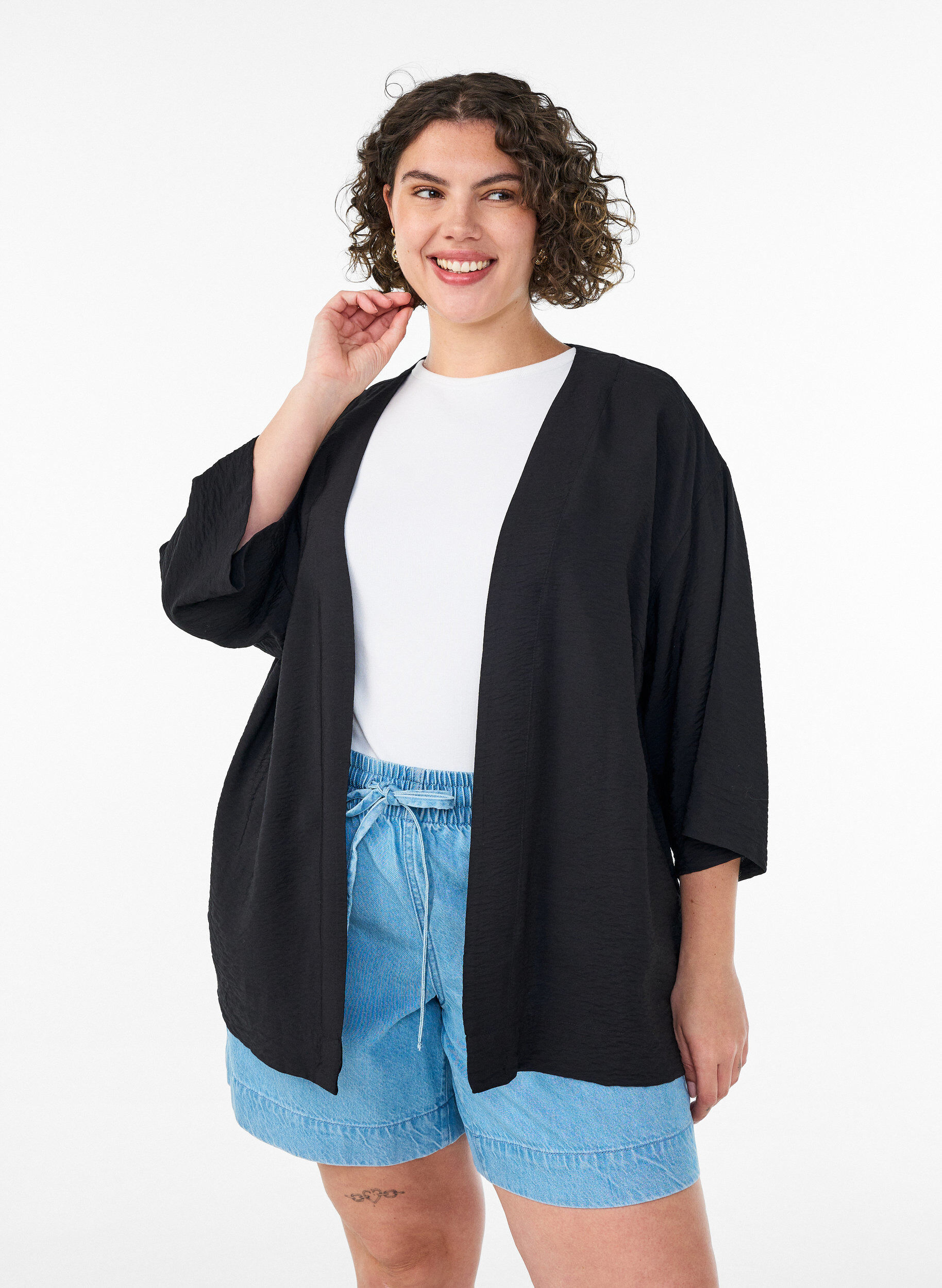 Korte viscose kimono met 3/4 mouwen, Zwart, Model