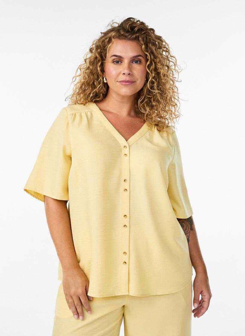 Overhemd blouse met V-hals en korte mouwen, Geel, Model image number 0
