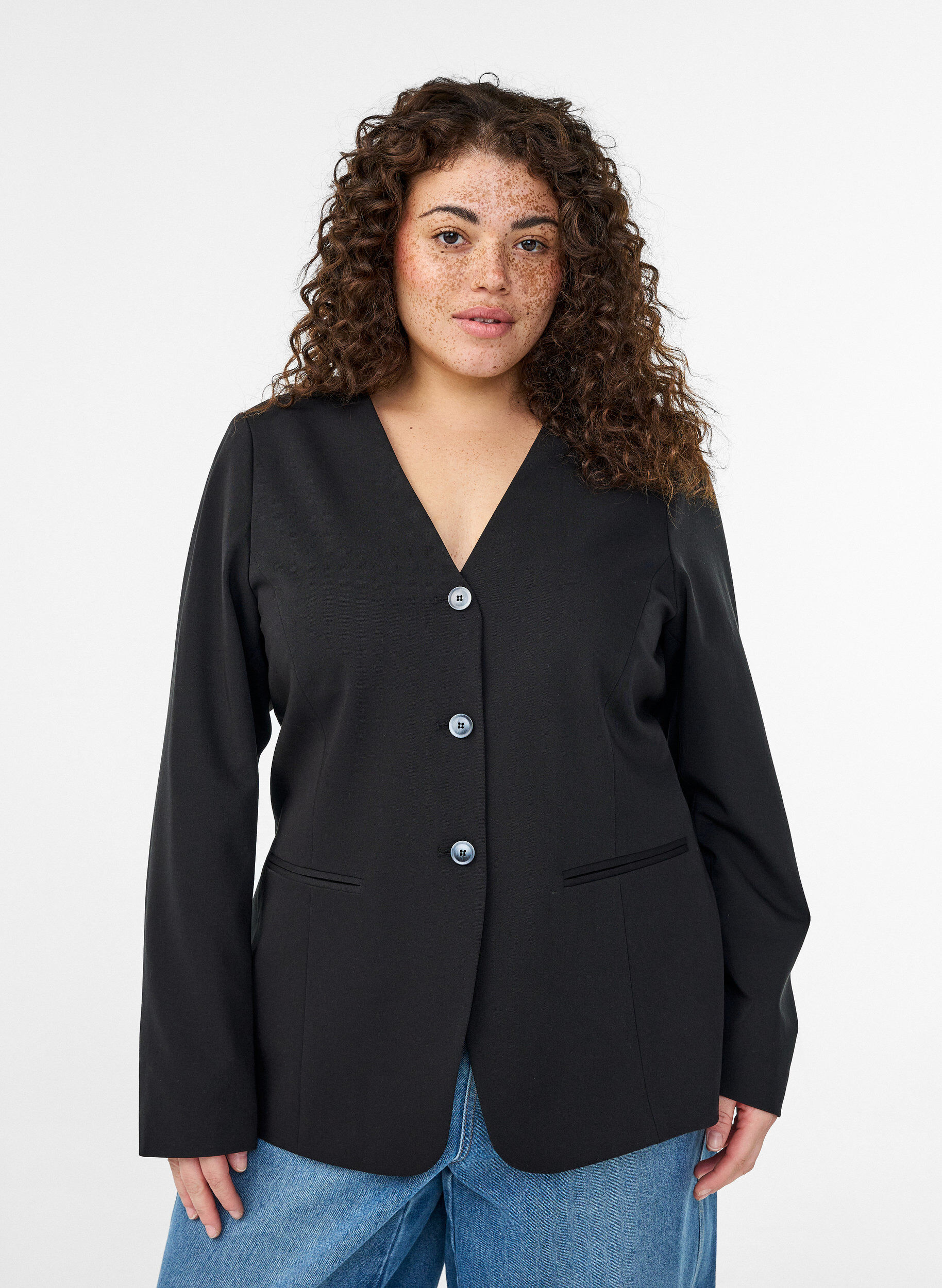 Blazer met V-hals en knoopsluiting, Zwart, Model