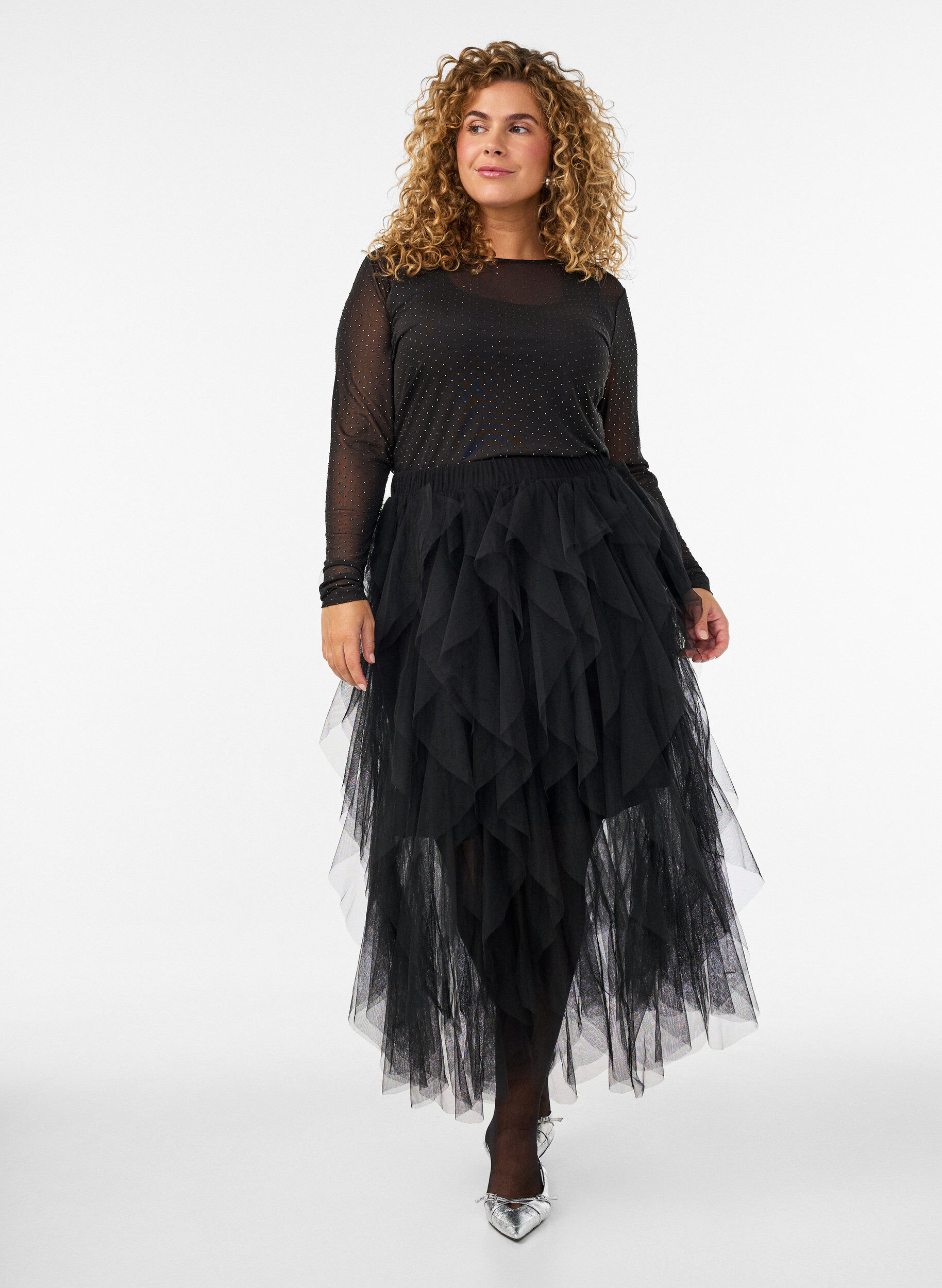 Midirok van tule met elastische tailleband, Zwart, Model
