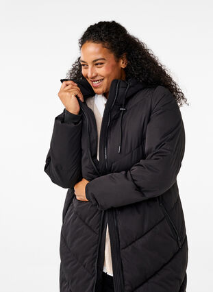 ZizziLange pufferjas met capuchon en zakken, Black, Model image number 3