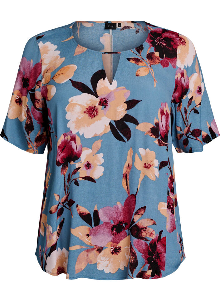 Viscose blouse met korte mouwen met print, Blauw, Packshot image number 0