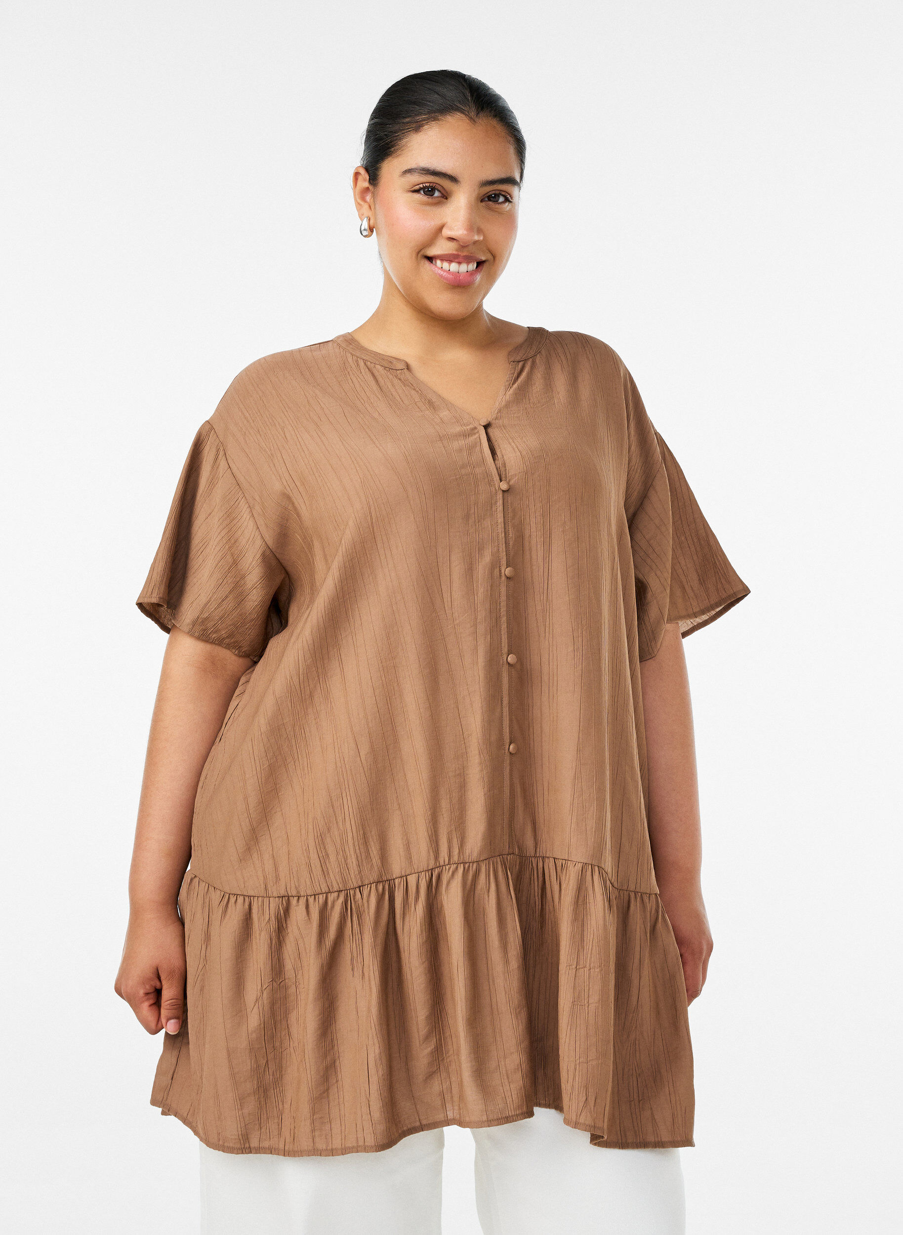 Losse tuniek met gekreukte structuur en rucherand, Bruin, Model