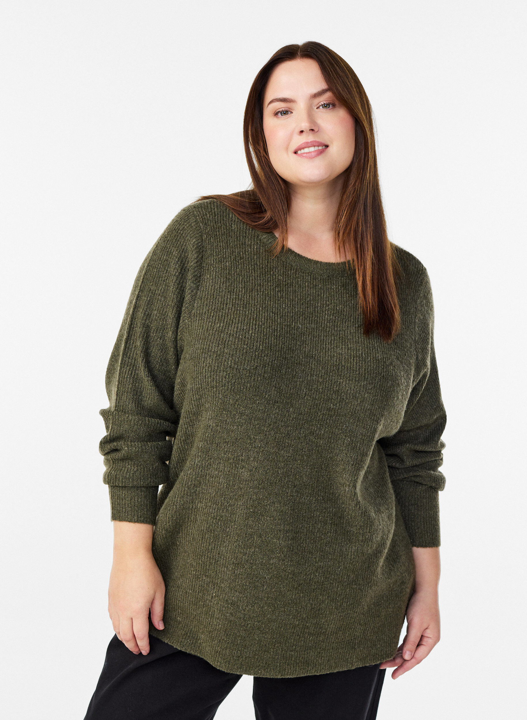 Gem&ecirc;leerde gebreide blouse met ronde hals, Groen, Model