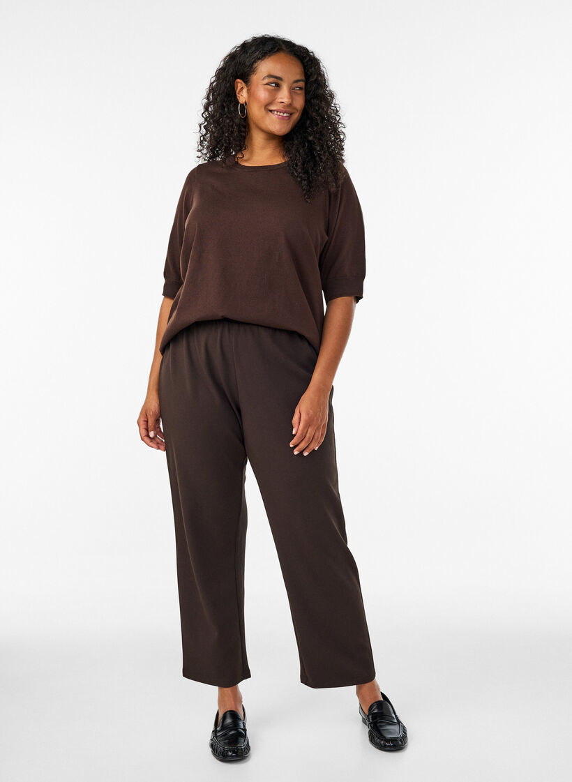 Fijngebreide blouse met korte mouwen, Bruin, Model image number 0