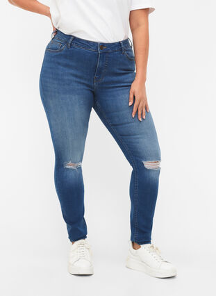 ZizziDestroyed super slanke Sanna jeans, Blue denim, Model image number 2