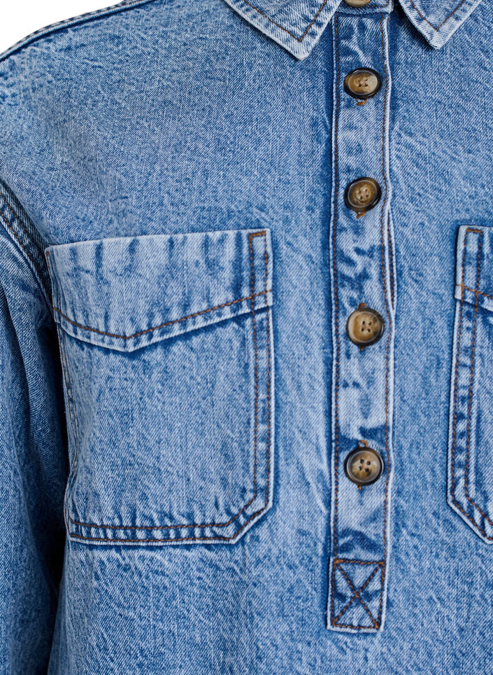 Denimshirt met halve sluiting en borstzakken, Blauw, Packshot