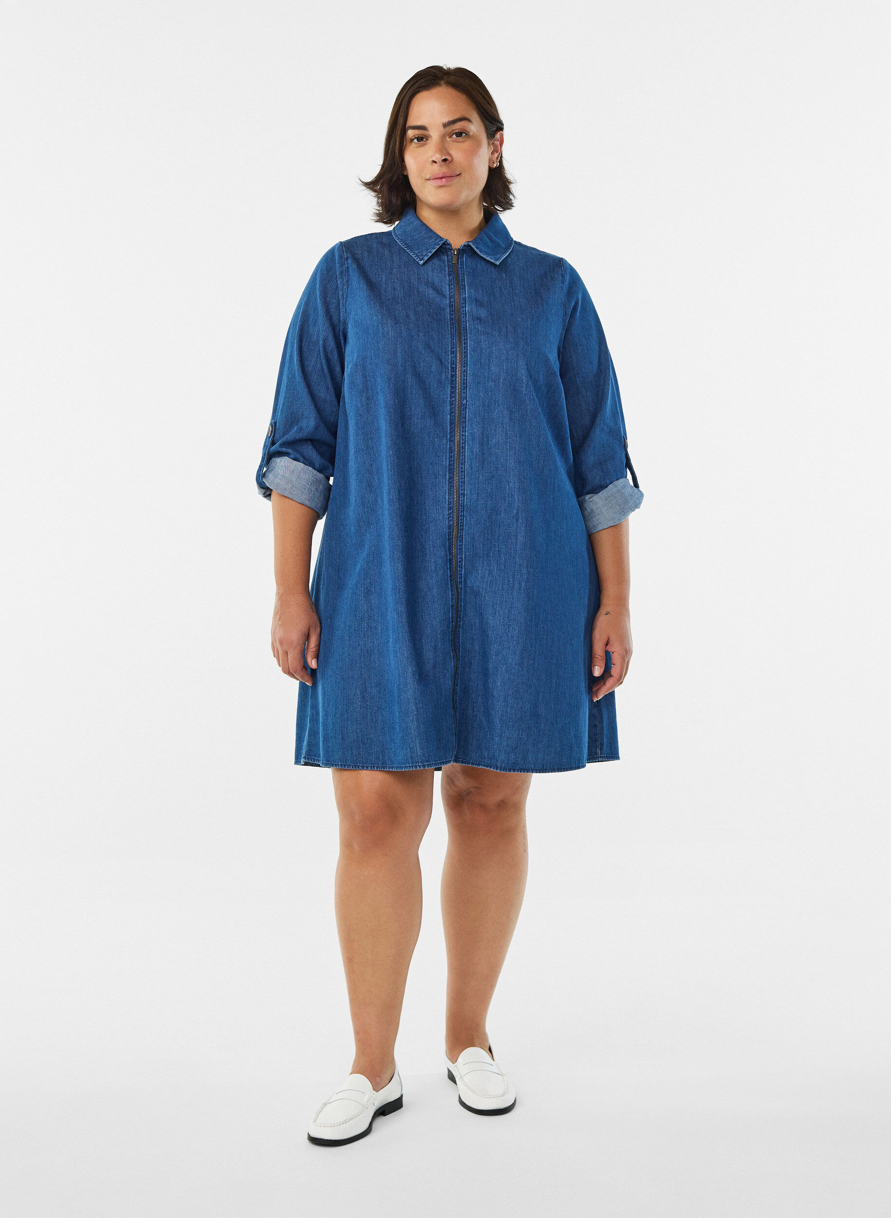ZizziKorte denim jurk met rits, Blauw, Model image number 1