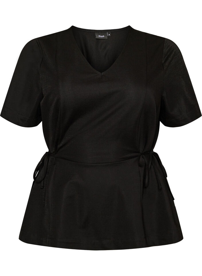 Blouse in een katoenmix met V-hals en striklint, Zwart, Packshot image number 0
