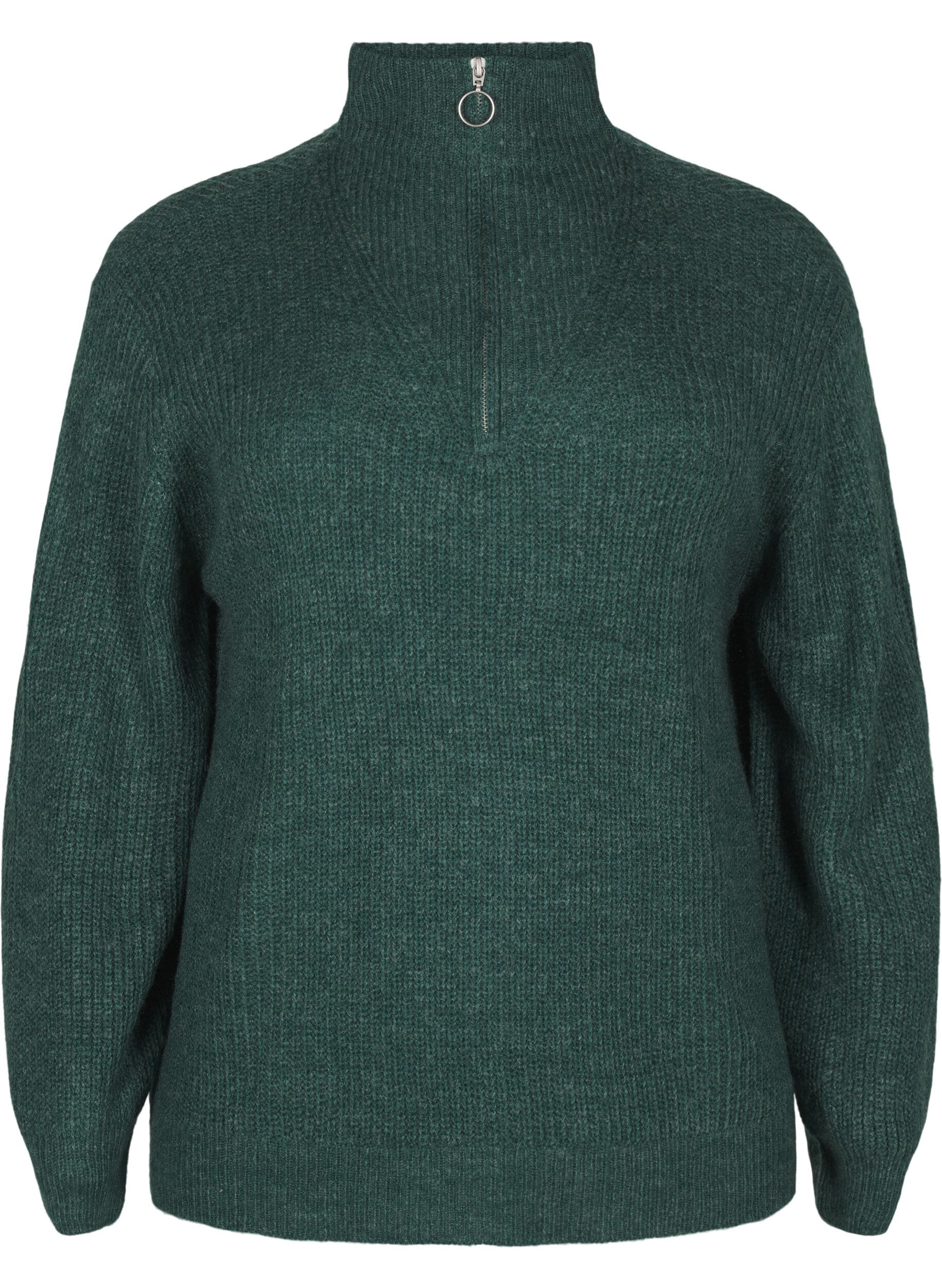 ZizziGebreide trui met hoge hals en rits, Groen, Packshot image number 0
