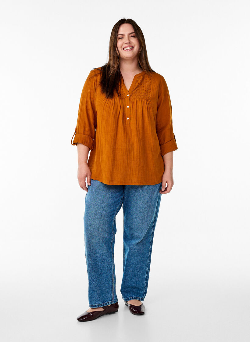 Blouse in katoenen mousseline met broderie anglaise, Oranje, Model image number 1