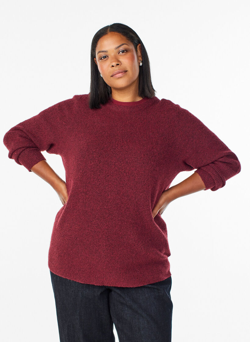 Gem&ecirc;leerde gebreide blouse met ronde hals, Rood, Model image number 0