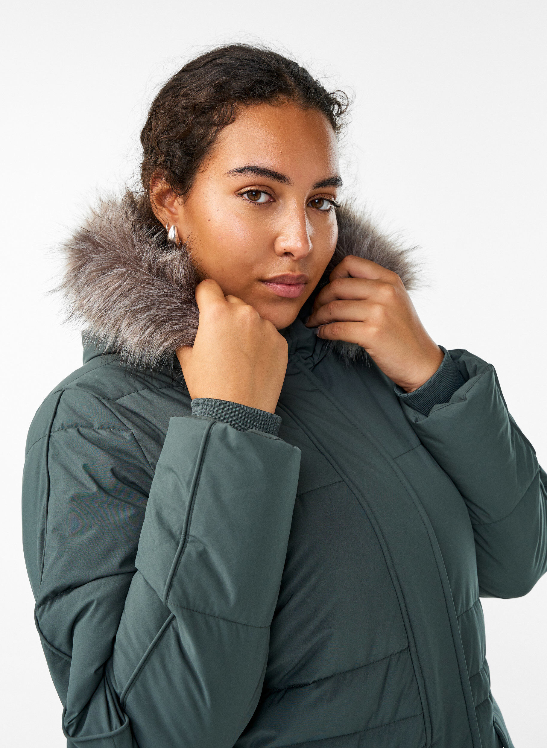 ZizziWaterafstotende parka met imitatiebontkraag, Groen, Model image number 3