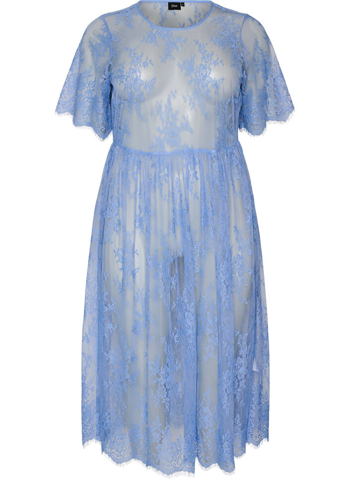 Kanten midi jurk met korte mouwen van doorschijnende kant, Paars, Packshot