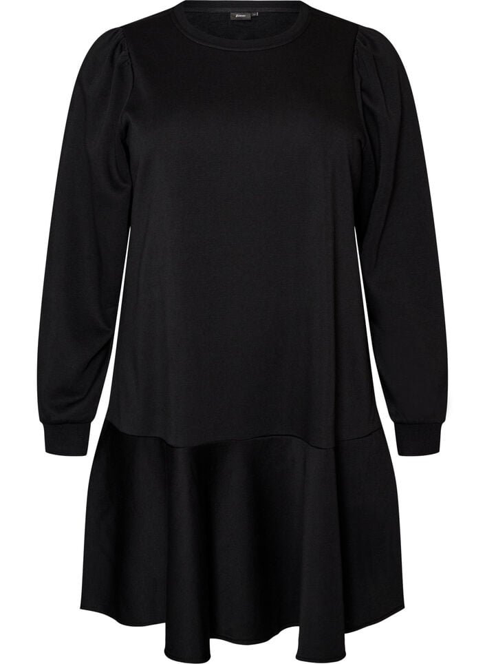 Sweatshirtjurk met ruches in laagjes en A-lijnvorm, Zwart, Packshot image number 0