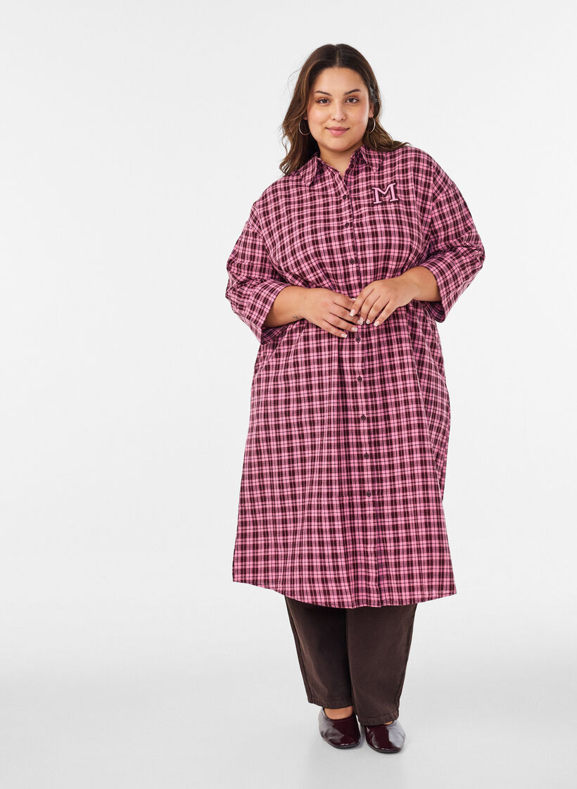 Lange geruite overhemd met 3/4 mouwen, Roze, Model image number 0