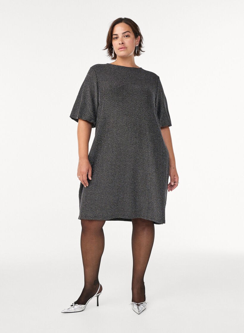 Korte jurk met glitterpatroon, Zwart Korte jurk met glitterpatroon, Zwart, Model