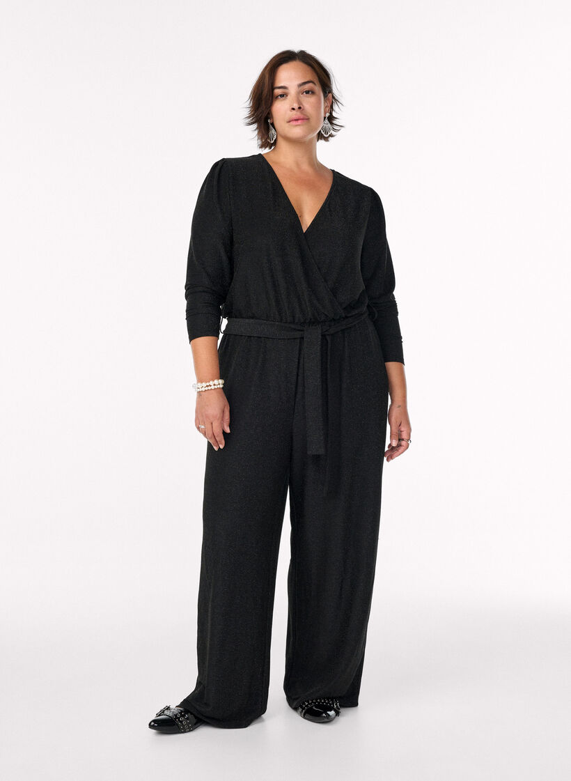 Jumpsuit met glitter en strikceintuur, Zwart, Model image number 0