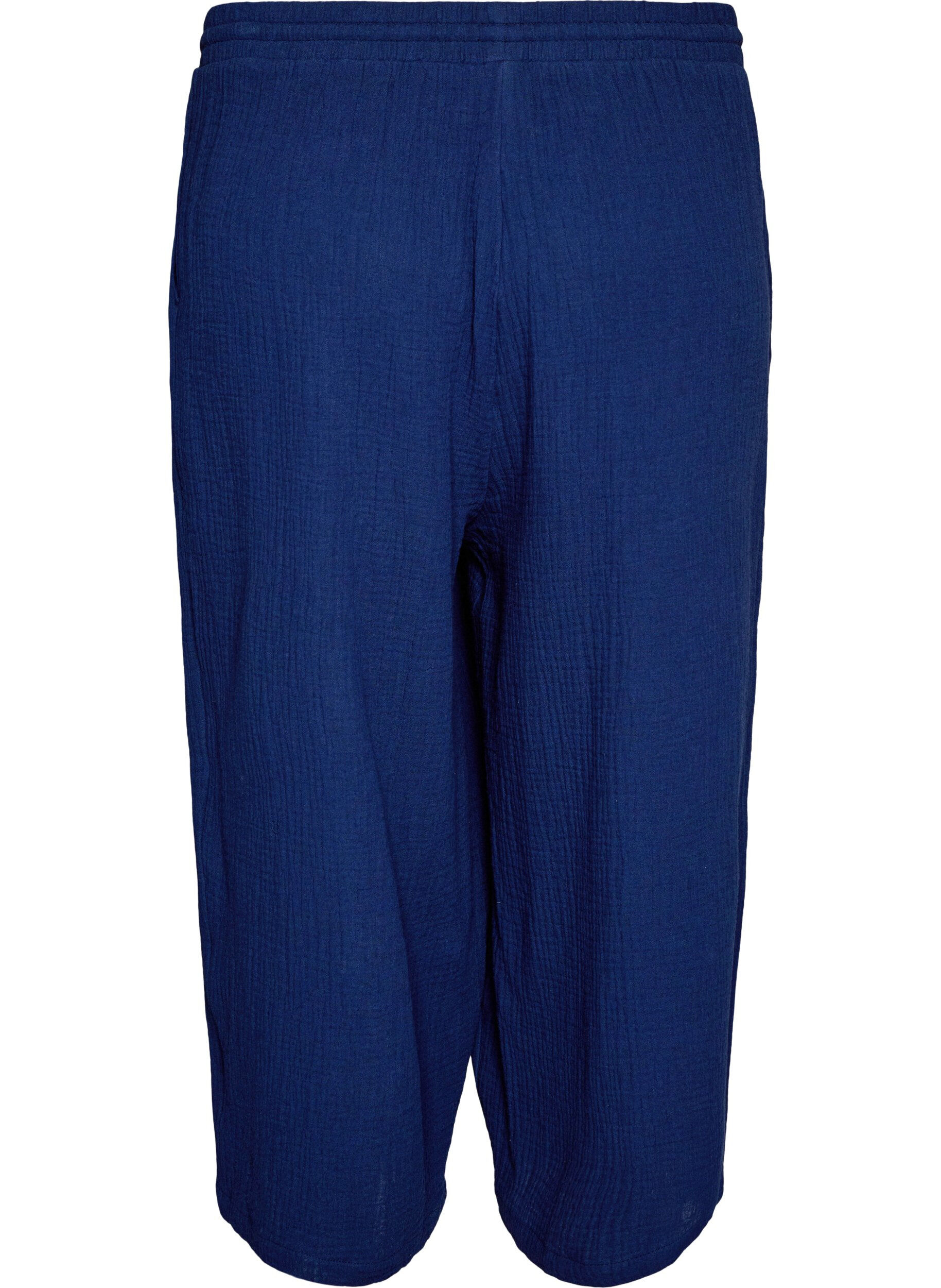 Zizzi Pantalon culotte en mousseline de coton avec taille haute, Bleu, Packshot image number 1