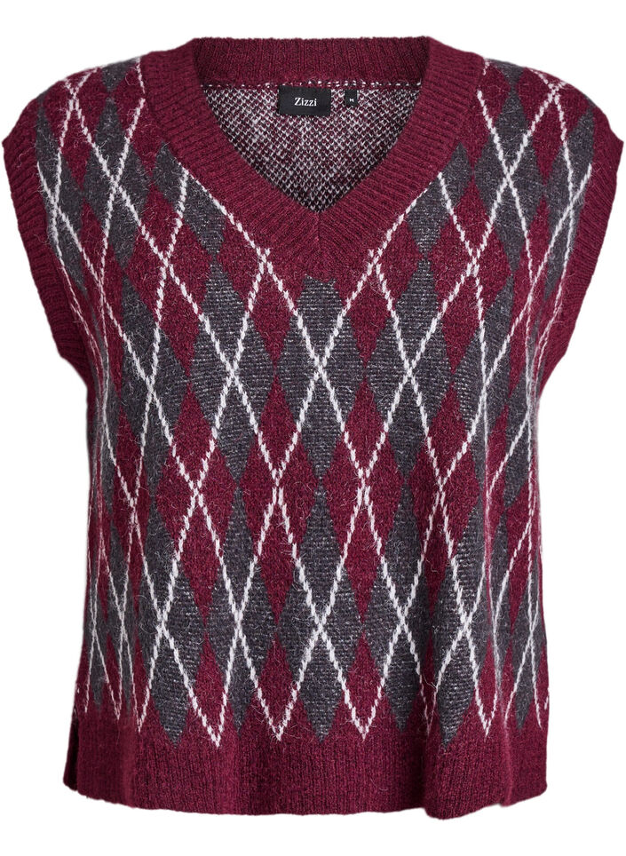 Gebreid vest met een V-hals en argyle patroon, Rood, Packshot image number 0