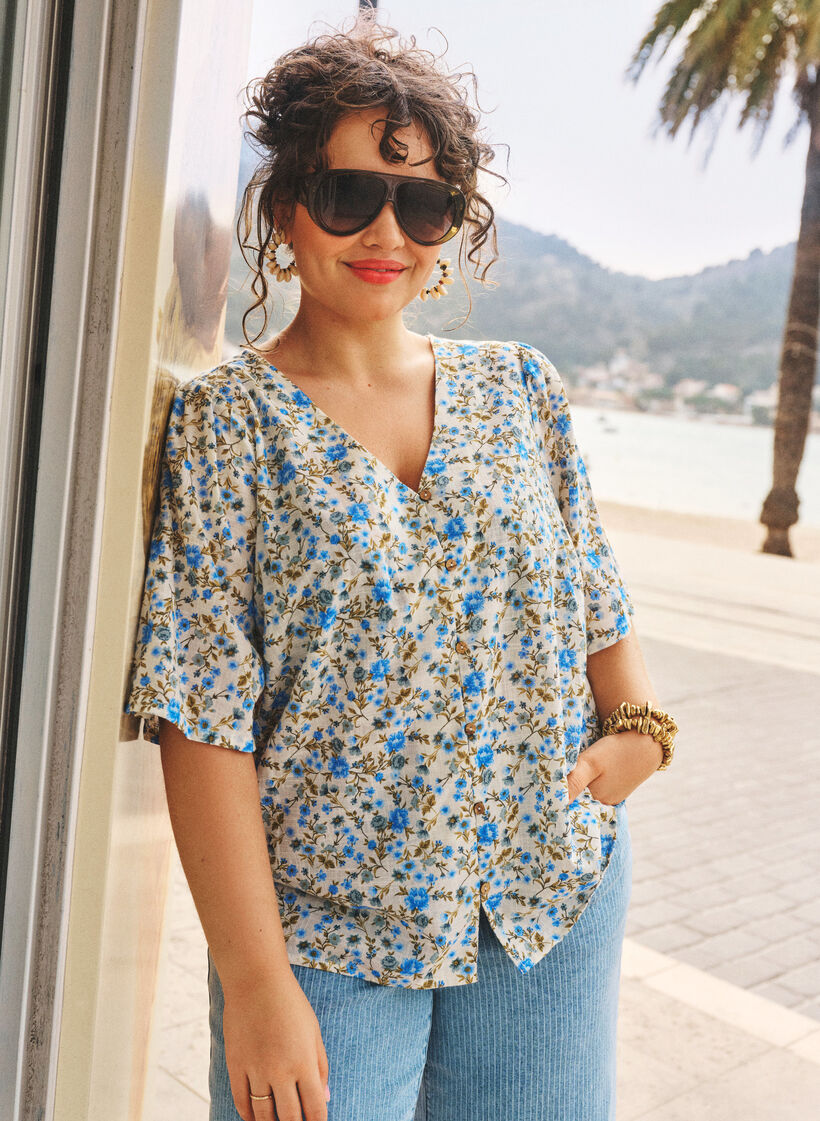 Katoenen shirt met korte mouwen en een V-hals, Blauw, Image