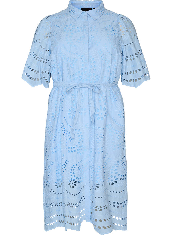Blousejurk in broderie anglaise met strikceintuur, Blauw, Packshot image number 0
