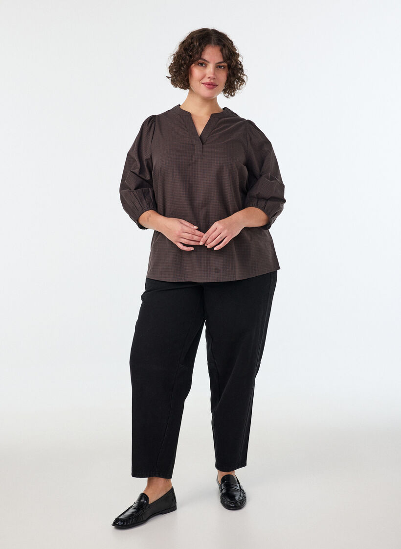 Blouse met ruitdessin, V-hals en 3/4-mouwen, Bruin, Model image number 1
