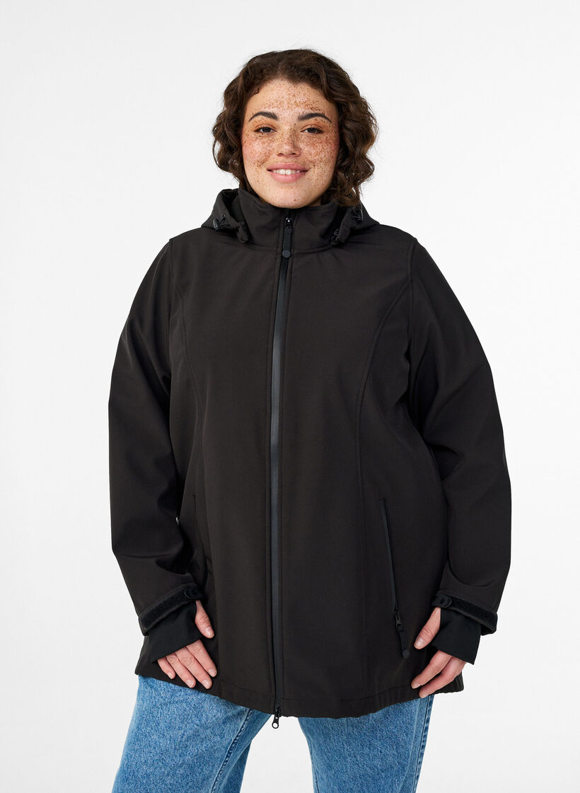 Korte softshell jas met afneembare capuchon, Zwart, Model image number 0