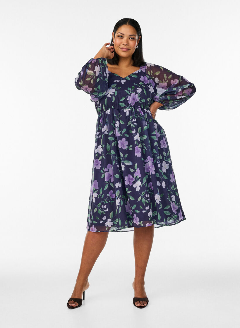 Chiffon feestjurk met lange mouwen, Blauw, Model image number 1