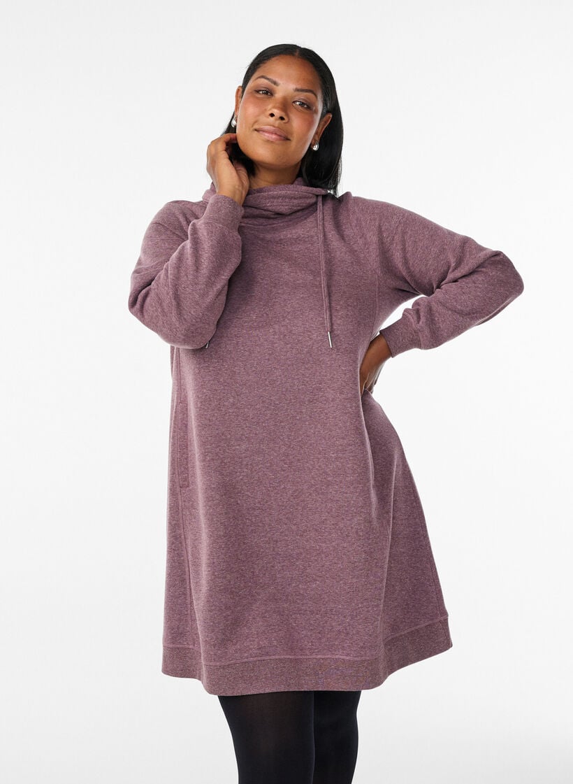 Kort sweatshirt jurk met hoge kraag en zakken, Rood, Model image number 0