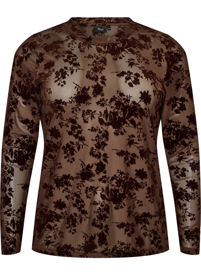 Mesh blouse met bloemenpatroon, Bruin, Packshot image number 0
