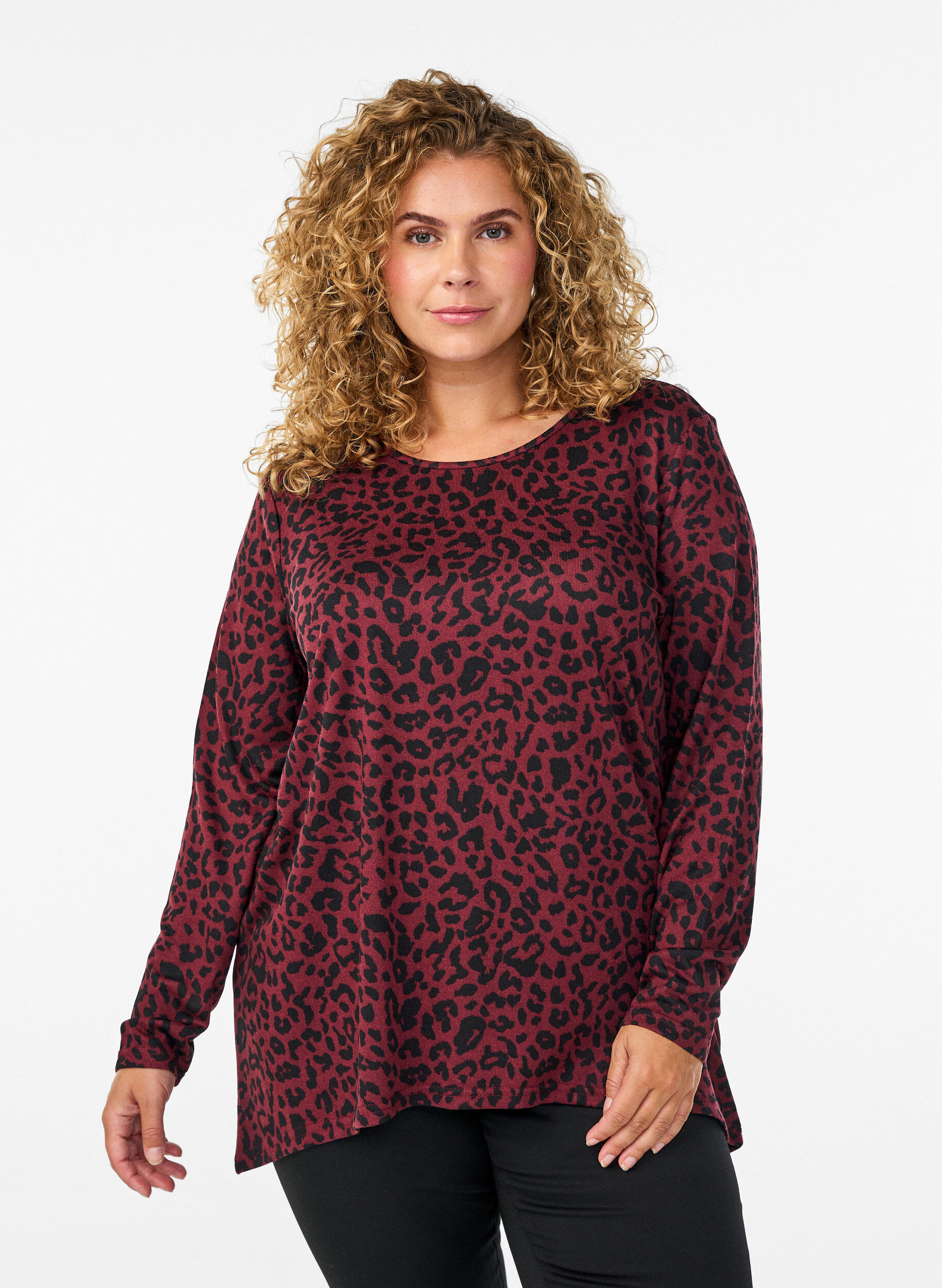 Luipaardprint blouse met lange mouwen, Donker Bordeaux, Model