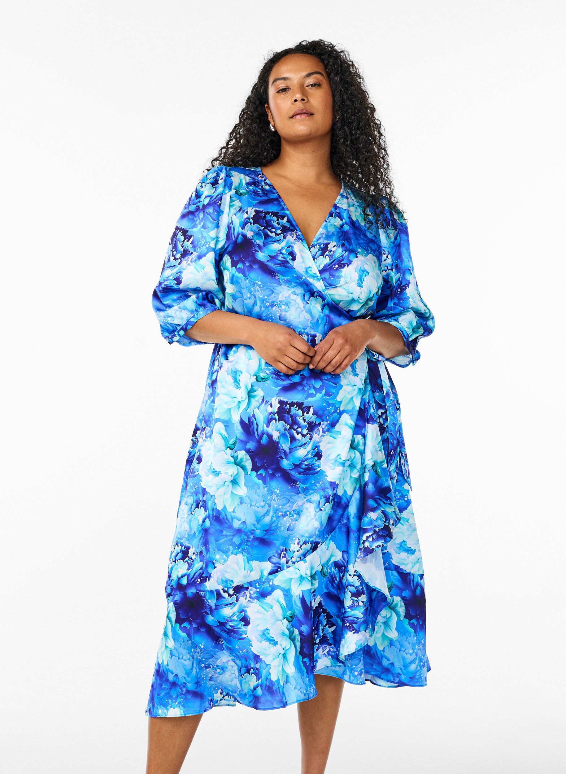 Omslagjurk met bloemenprint met 3/4 mouwen, Blauw, Model