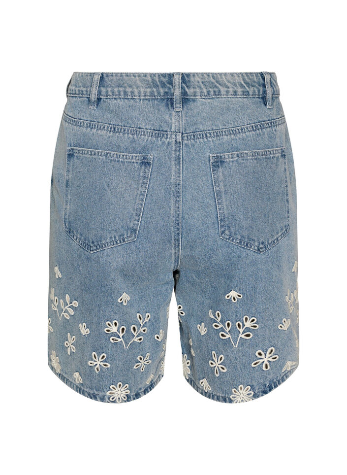 Denim shorts met broderie anglaise en hoge taille, Blauw, Packshot image number 1