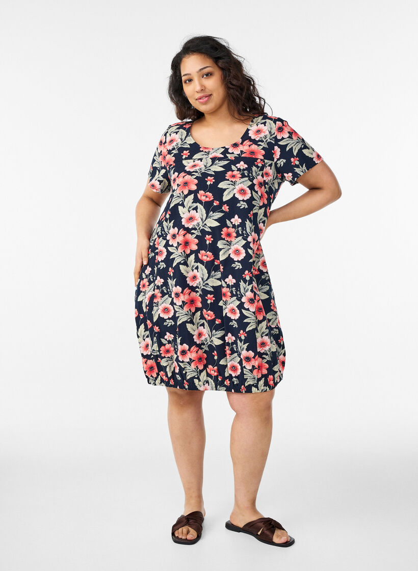Katoenen jurk met korte mouwen en print, Blauw, Model image number 1