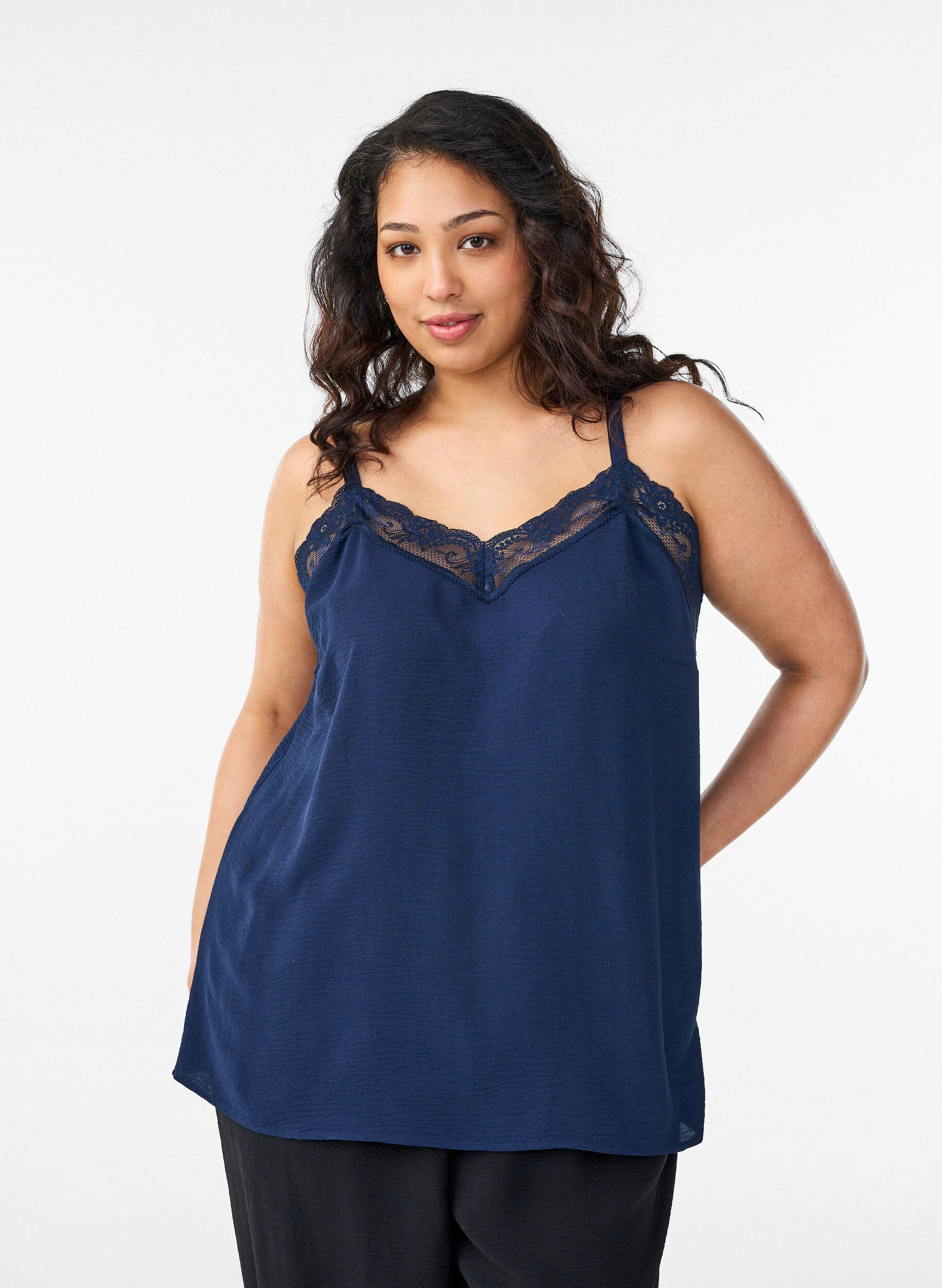 Cami top met V-hals en kanten rand, Blauw, Model
