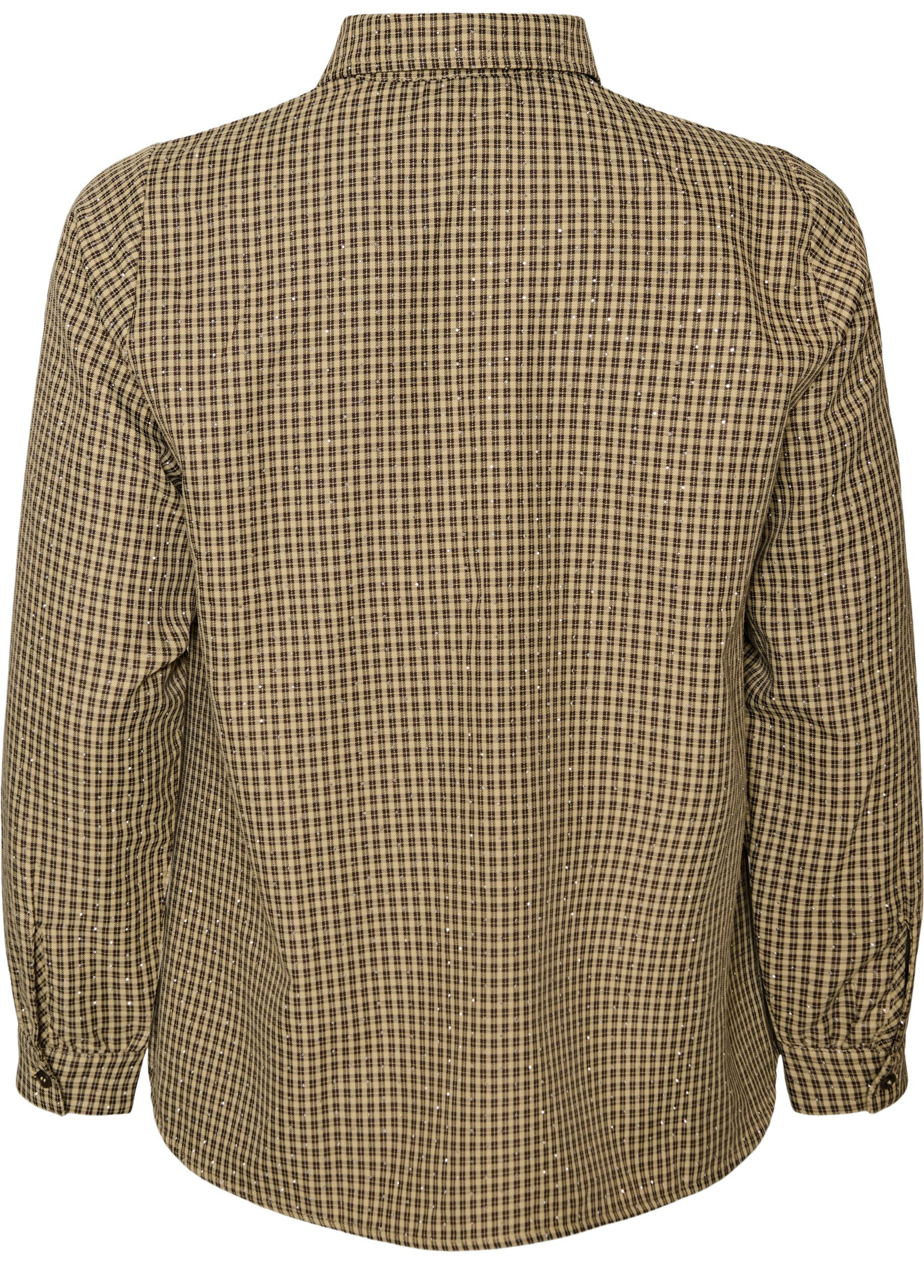 ZizziShirt met klein ruitpatroon en strasstenen, Bruin, Packshot image number 1