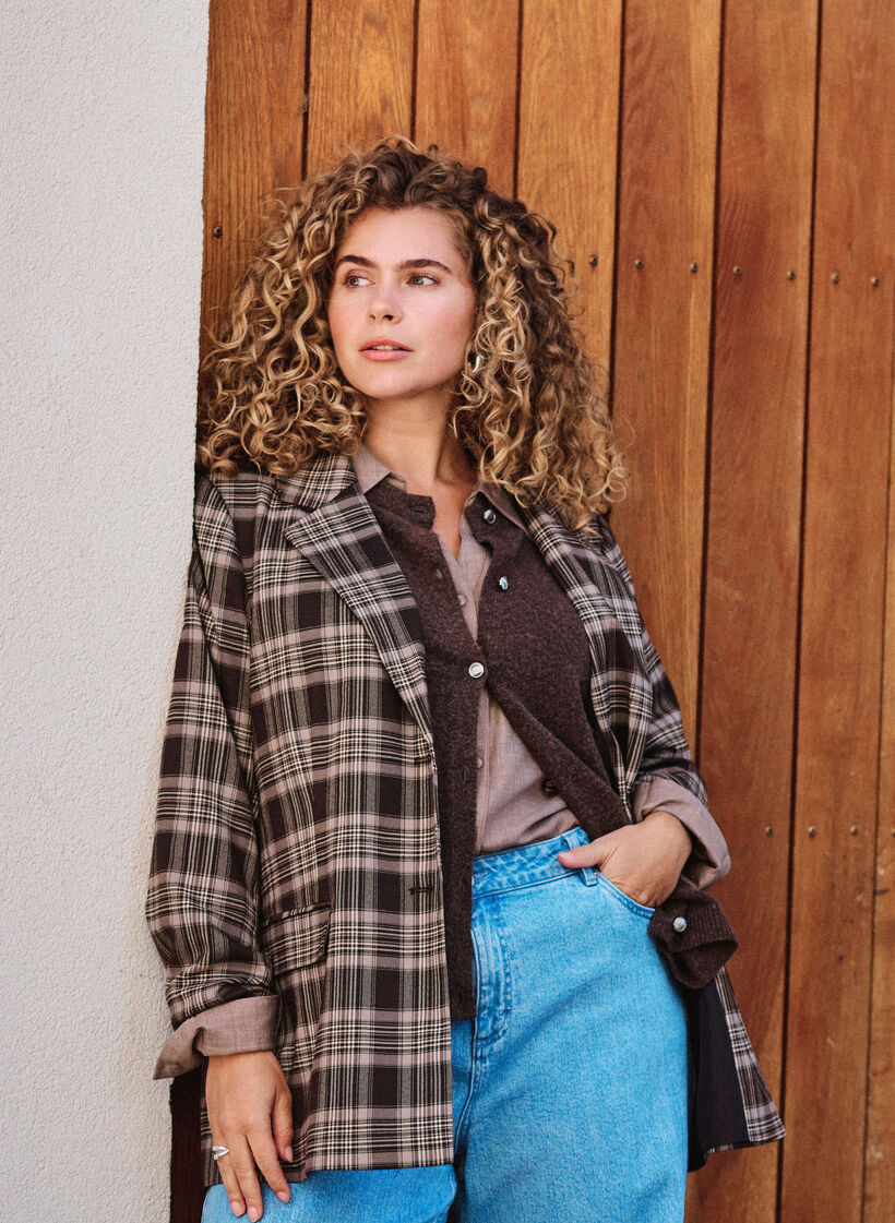 Geruite blazer met zakken en split achteraan, Bruin, Image image number 0