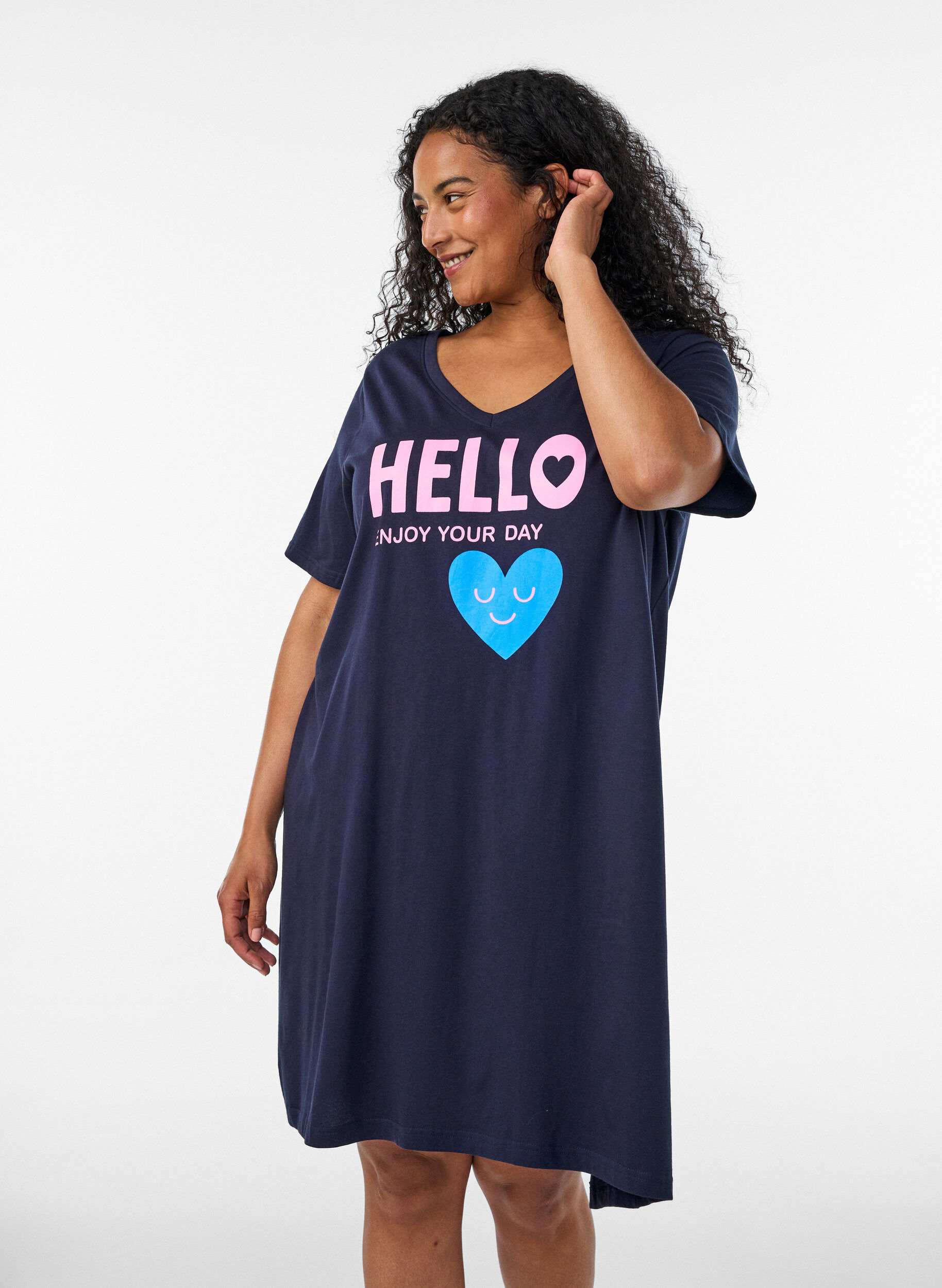 Organische katoenen nachtjapon met V-hals, Blauw, Model