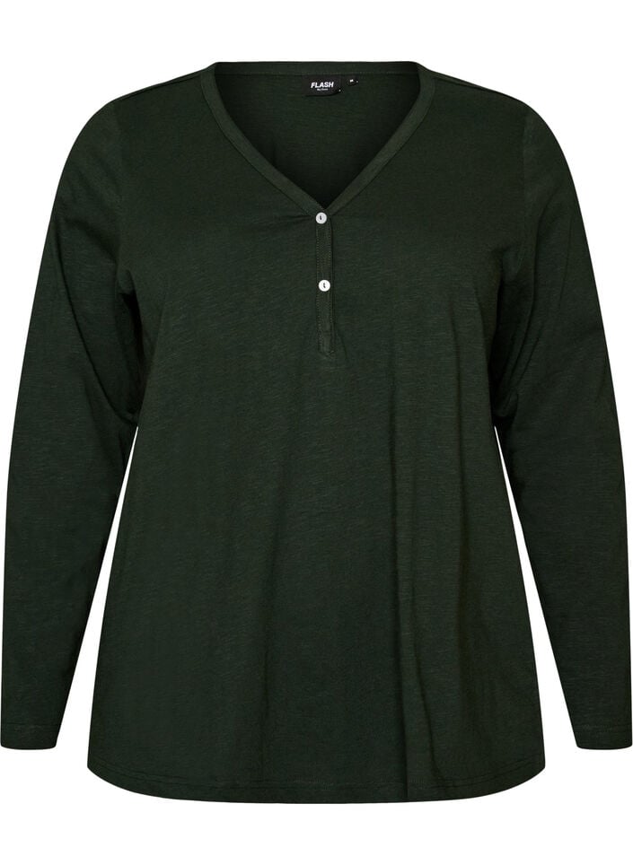 T-shirt met lange mouwen, V-hals en knopen, Groen, Packshot image number 0