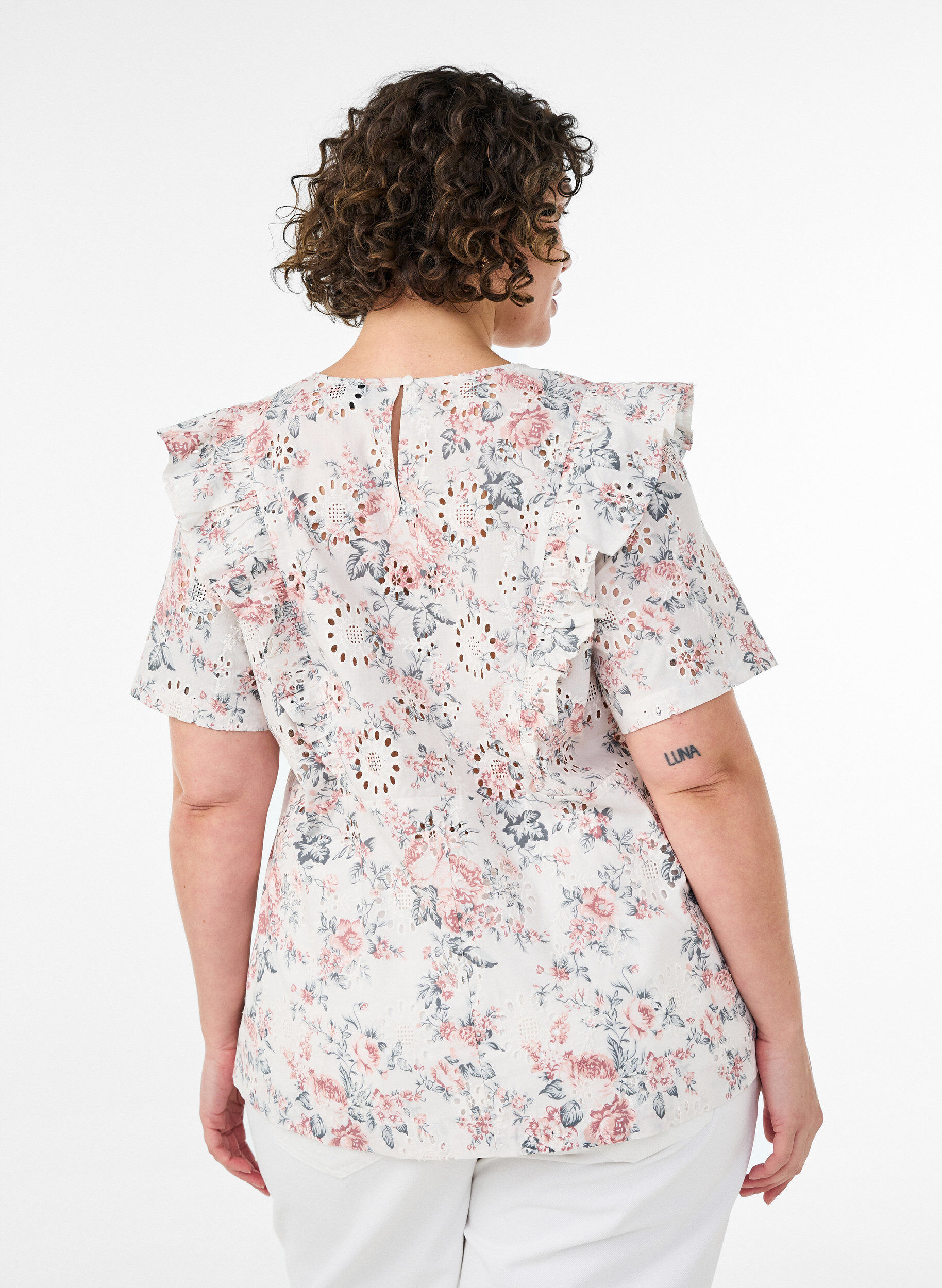 ZizziKatoenen blouse met broderie anglaise en ruches, Rood, Model image number 2