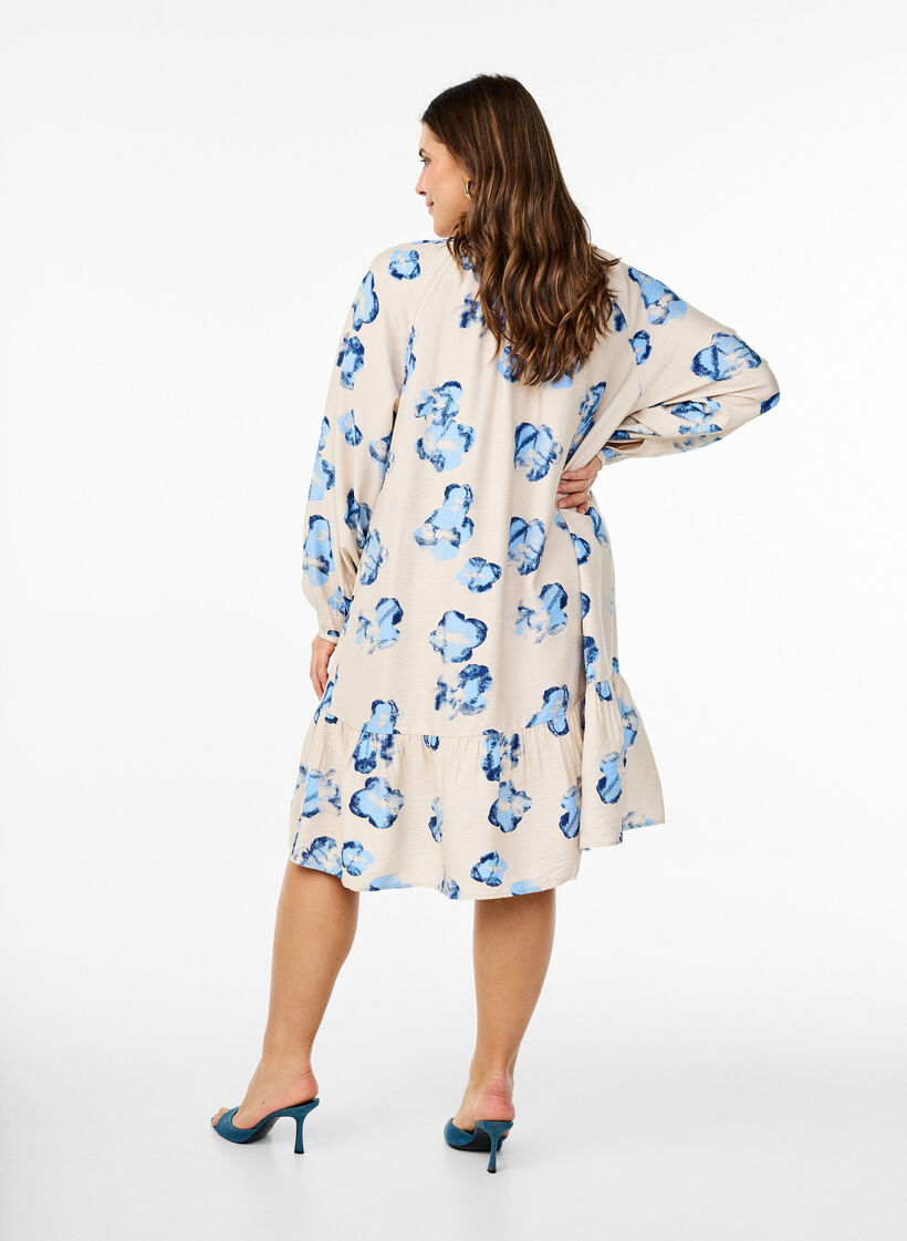 Knie-lange jurk met lange mouwen en een A-lijn snit, Off White Blue AOP, Model
