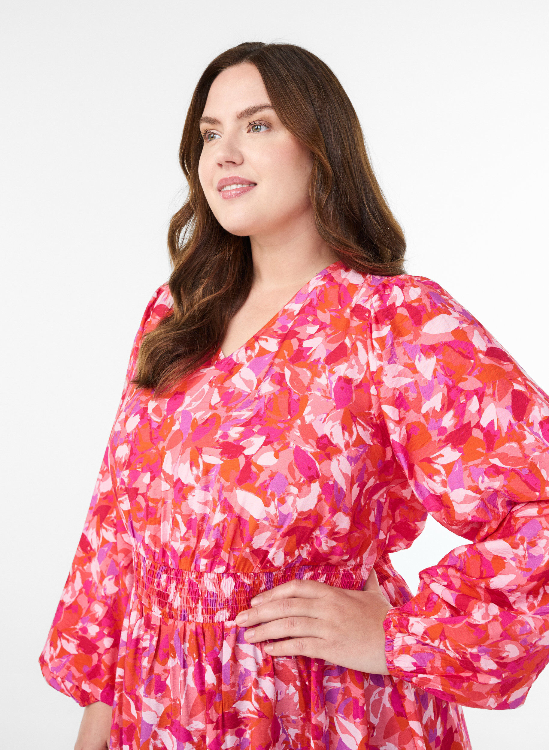 ZizziMidi-jurk met kleurrijk bladerenpatroon, Roze, Model image number 3