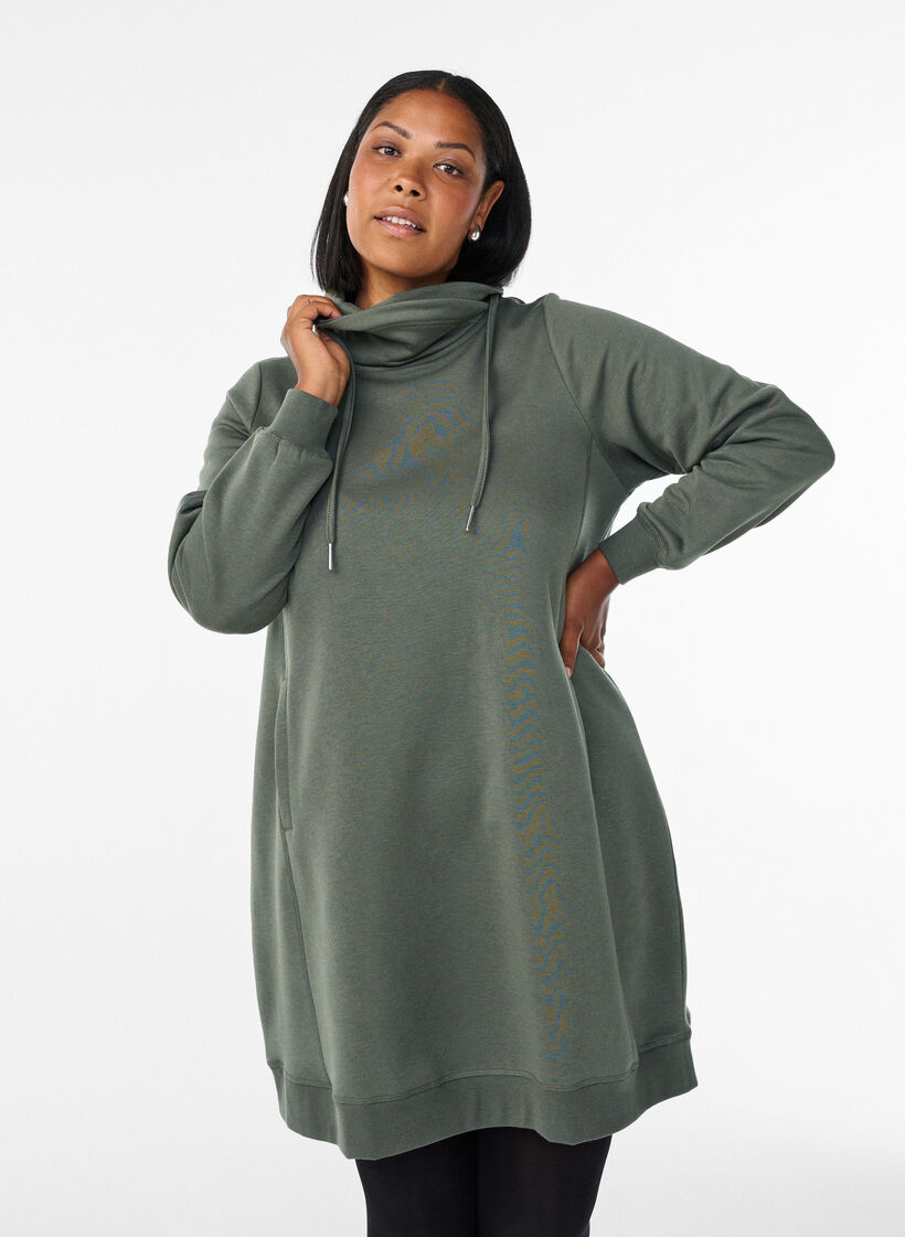 FLASH - Kort sweatshirt jurk met hoge kraag en zakken, Groen, Model image number 0