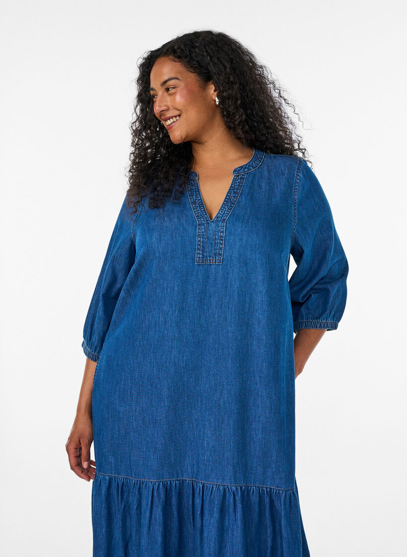 Robe longue en jean avec volants &eacute;tag&eacute;s, Bleu, Model image number 2