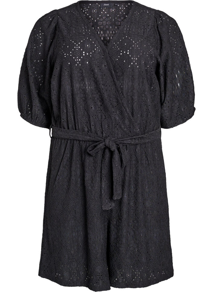 Playsuit met korte mouwen en strik, Black, Packshot