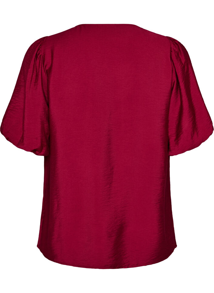 Blouse met ballonnenmouwen en V-hals, Rood, Packshot image number 1