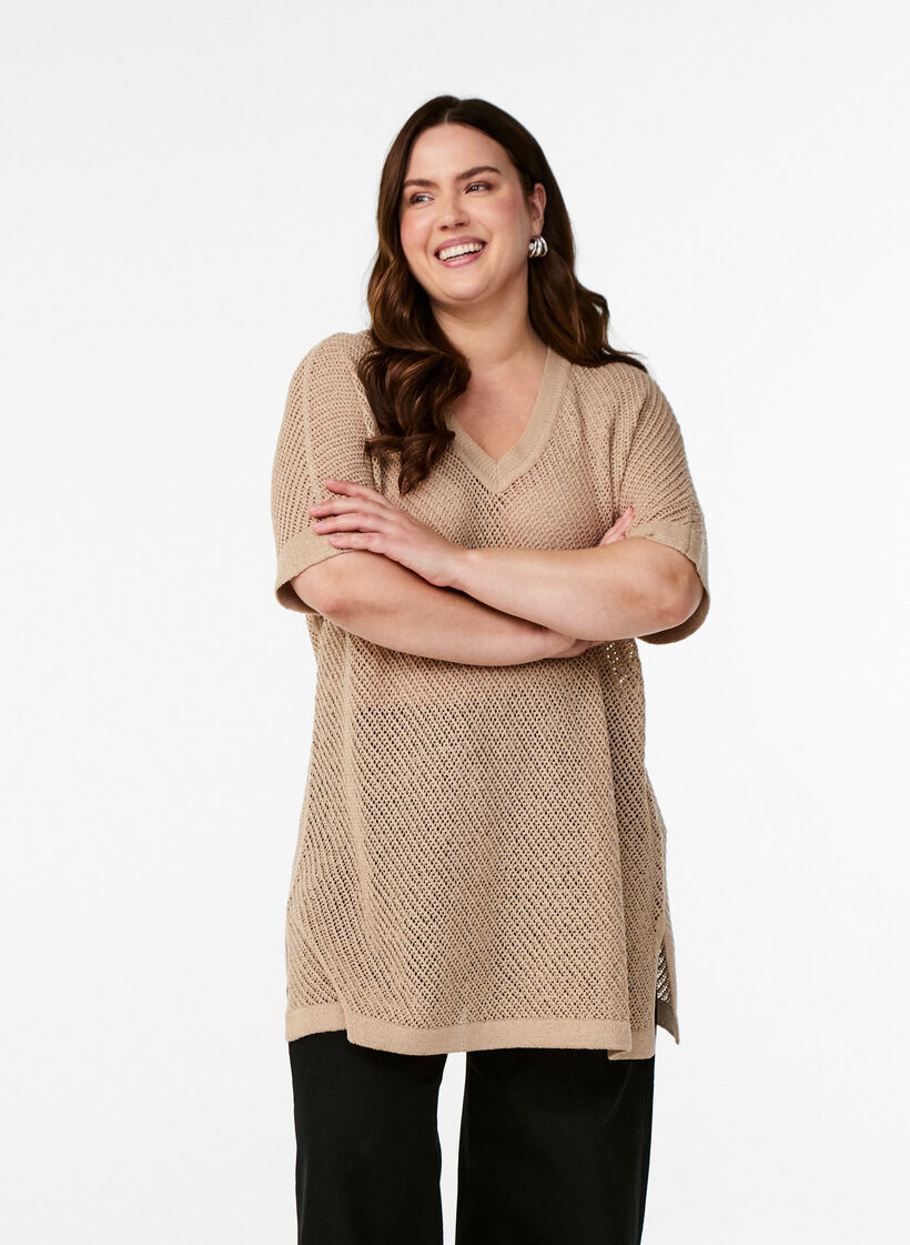 FLASH - Gebreide blouse met korte mouwen en V-hals, Beige, Model image number 0