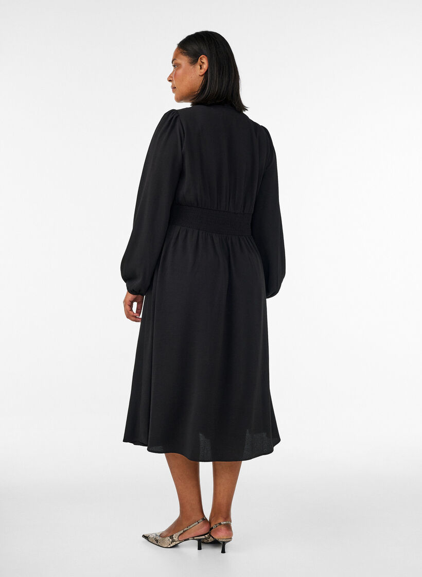 Midi-jurk met smock en decoratieve knopen, Zwart, Model image number 1