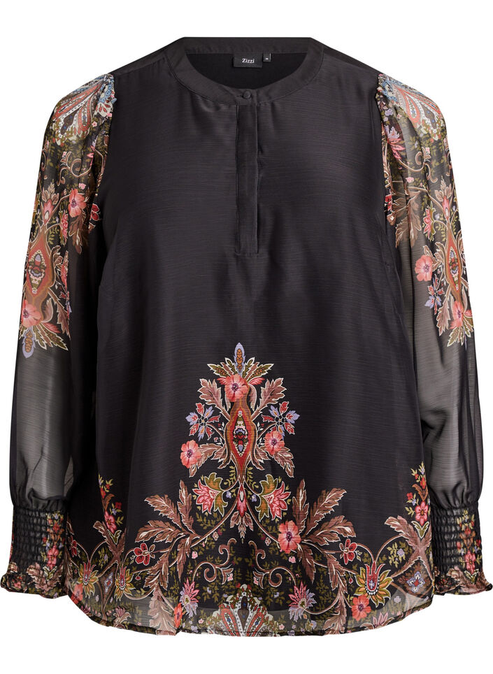 Blouse met paisleyprint en doorschijnende mouwen, Zwart, Packshot image number 0